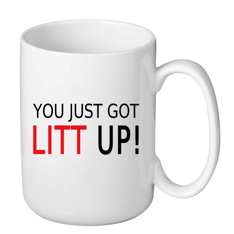J.Ehonace 15oz 'You Just Got Litt Up' Coffee Cup - Double-Sided Funny Mug Gift for Suits Fans, White Ceramic with Sassy Quote - Image 1